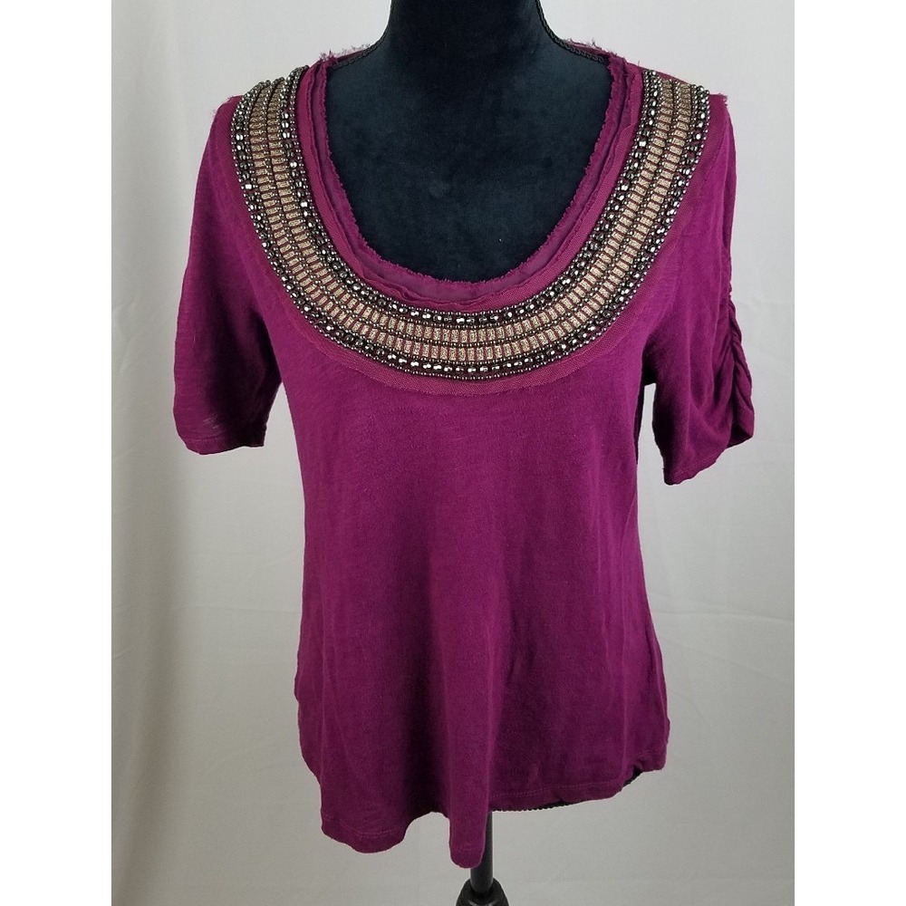 Deletta Anthropologie women M purple‎ short sleeve beaded boho artsy hippie